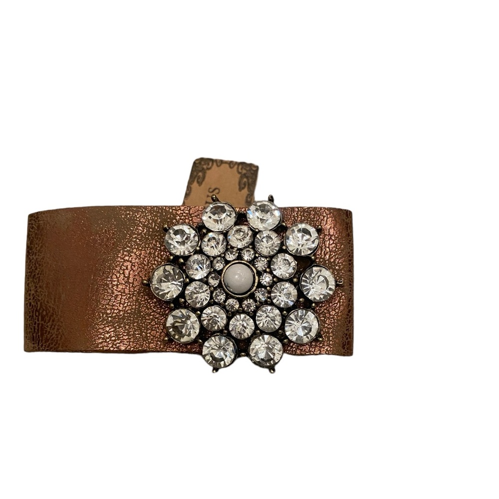 Angelus Collection Bronze Brown Leather Flower Rhinestone Wrap Snap Bracelet NWT
